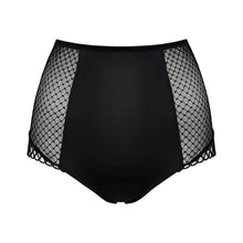 Load image into Gallery viewer, Black high-waisted bikini bottom with fishnet sides on a white background