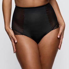 Load image into Gallery viewer, Black high-waisted underwear with mesh panels on a neutral background