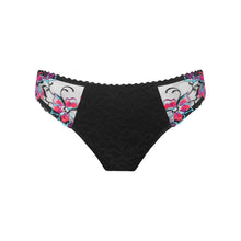 Load image into Gallery viewer, Black bikini bottom with colorful floral pattern on a white background