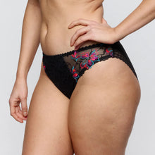 Load image into Gallery viewer, Black lace underwear with floral embroidery on a plain background