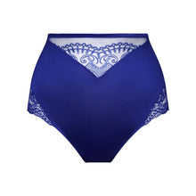 Load image into Gallery viewer, Blue high-waisted underwear with lace trim on a white background