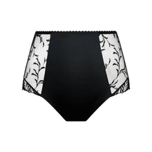 Load image into Gallery viewer, Black high-waisted briefs with white floral lace side panels and a black scalloped waistband, shown against a plain white background.