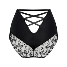 Load image into Gallery viewer, Black high-waisted briefs with a lace overlay featuring a black and white floral damask pattern, and a criss-cross strappy back design.