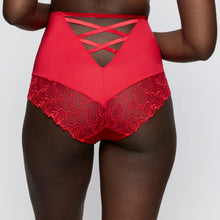 Load image into Gallery viewer, Red lace underwear with criss-cross straps on a plain background