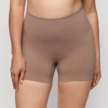 Load image into Gallery viewer, Brown high-waisted shorts worn by a person on a plain background