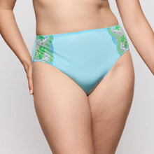Load image into Gallery viewer, Light blue bikini bottom with green floral embroidery on a neutral background
