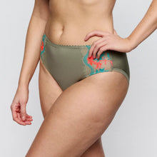 Load image into Gallery viewer, Green underwear with floral lace details on a plain background