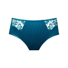 Load image into Gallery viewer, Blue women's underwear with floral lace trim on a white background