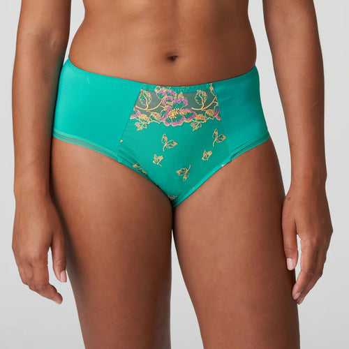 Comfortable and elegant briefs. They are high-waisted briefs made of soft microfiber, embellished with luxurious panels of embroidery. Sunny Teal is a tropical shade of green with ochre and fuchsia highlights. Looks great on both pale and dark skin. Fabric: Polyamide: 73%, Elastane:16%, Cotton: 7%, Polyester: 4%