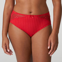 Load image into Gallery viewer, These full briefs come higher than the Rio briefs and are an incredibly comfortable fit. A very elegant way to cover the tummy. The lace detail adds to this elegant piece of lingerie. Fabric Content: Polyamide: 72%, Elastane: 23%, Cotton: 5%. Scarlet.