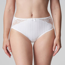 Load image into Gallery viewer, These full briefs come higher than the Rio briefs and are an incredibly comfortable fit. A very elegant way to cover the tummy. The lace detail adds to this elegant piece of lingerie. Fabric Content: Polyamide: 72%, Elastane: 23%, Cotton: 5%. Pure White.