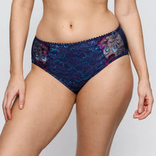 Load image into Gallery viewer, Navy blue lace underwear with floral patterns on a plain background