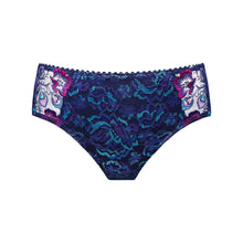 Load image into Gallery viewer, Blue lace underwear with pink floral accents on a white background