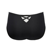 Load image into Gallery viewer, Black bikini bottoms with a scalloped waistband and a white geometric cutout at the center back, shown against a plain white background.