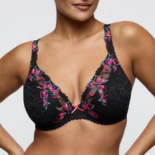 Load image into Gallery viewer, Black lace bra with colorful floral embroidery on a neutral background