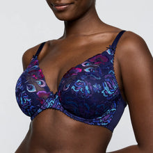Load image into Gallery viewer, Blue floral lace bra worn by a model on a plain background