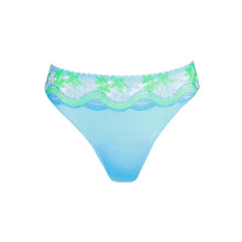 Load image into Gallery viewer, Blue bikini bottom with floral lace trim on a white background