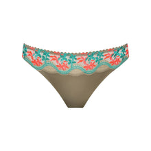 Load image into Gallery viewer, Beige bikini bottom with floral lace trim on a white background