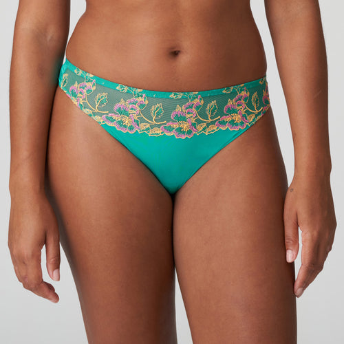 Comfortable but sexy G/String in soft microfiber, trimmed with delicate embroidery at the hips. Sunny Teal is a tropical shade of green with ochre and fuchsia highlights. Looks great on both pale and dark skin.  Fabric: Polyamide: 63%, Polyester:15%, Elastane:14%, Cotton: 8%