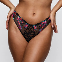 Load image into Gallery viewer, Black lace lingerie with colorful butterfly designs on a plain background