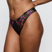 Load image into Gallery viewer, Black lace underwear with colorful floral embroidery on a neutral background