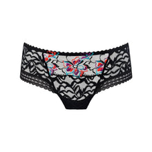 Load image into Gallery viewer, Black lace underwear with floral embroidery on a white background