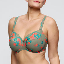 Load image into Gallery viewer, Green bra with floral embroidery on a plain background