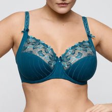 Load image into Gallery viewer, Teal bra with lace detailing on a plain background