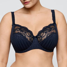 Load image into Gallery viewer, Navy blue bra with lace details on a plain background