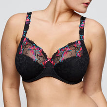 Load image into Gallery viewer, Black bra with colorful floral lace details on a plain background