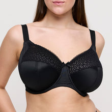 Load image into Gallery viewer, Famous for their beautifully crafted bras catering to the larger bust, Montara is a new member to the Prima Donna family. The is a three-piece underwire bra with a unique fit and a modern look. It has a pretty stretchy lace on the top of the cup. The base is smooth for versatile wear under garments. The straps are decorative and offer full support. Fabric: Polyamide: 57%, Polyester: 34%, Elastane: 9%. Black.