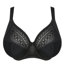 Load image into Gallery viewer, Famous for their beautifully crafted bras catering to the larger bust, Montara is a new member to the Prima Donna family. The is a three-piece underwire bra with a unique fit and a modern look. It has a pretty stretchy lace on the top of the cup. The base is smooth for versatile wear under garments. The straps are decorative and offer full support. Fabric: Polyamide: 57%, Polyester: 34%, Elastane: 9%. Black.