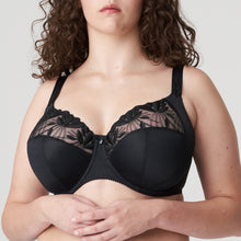 Load image into Gallery viewer, Charcoal. This is a continuation of the Orlando story. A three-piece underwire bra with a unique fit and a modern, airy look for the larger bust. The stretchy lace has shimmery embroidery on the top of the cup. The base of the cup is smooth for versatile wear. The straps are decorative and offer full support. An all-round winner. Fabric: Polyamide: 84%, Elastane: 10%, Polyester: 6%