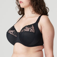Load image into Gallery viewer, Charcoal. This is a continuation of the Orlando story. A three-piece underwire bra with a unique fit and a modern, airy look for the larger bust. The stretchy lace has shimmery embroidery on the top of the cup. The base of the cup is smooth for versatile wear. The straps are decorative and offer full support. An all-round winner. Fabric: Polyamide: 84%, Elastane: 10%, Polyester: 6%