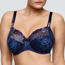 Load image into Gallery viewer, Navy blue lace bra with floral patterns on a neutral background