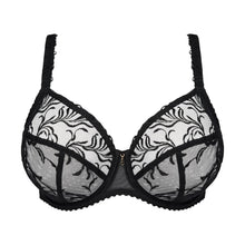 Load image into Gallery viewer, Black and white floral lace underwire bra with a small gold zipper at the center front, shown against a plain white background.
