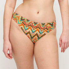 Load image into Gallery viewer, Multicolored zigzag patterned bikini bottom on a plain background