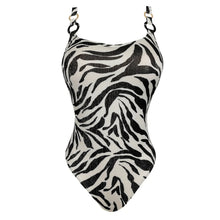 Load image into Gallery viewer, Zebra patterned swimsuit on a white background