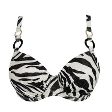 Load image into Gallery viewer, Zebra print bikini top with black and white pattern on a white background