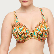 Load image into Gallery viewer, Multicolored zigzag patterned bikini top on a plain background
