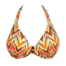 Load image into Gallery viewer, Colorful zigzag patterned bikini top on a white background