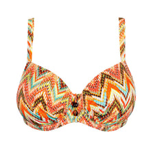 Load image into Gallery viewer, Colorful zigzag patterned bikini top on a white background