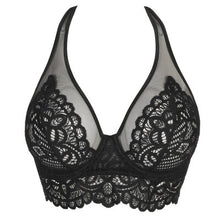 Load image into Gallery viewer, This is a beautiful lace and mesh Bustier style triangle underwire bra. There is full support in the underwire bra. Looks wonderful, feels wonderfully, totally supportive, totally feminine. Fabric: Polyamide: 69%, Elastane:19%, Polyester:12%