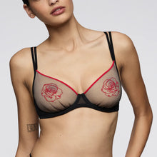Load image into Gallery viewer, Black bra with red rose designs worn by a model on a plain background