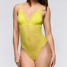 Load image into Gallery viewer, Yellow lace lingerie set on a plain background