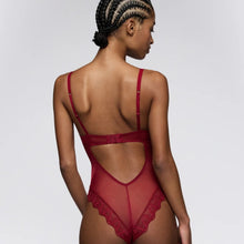 Load image into Gallery viewer, Red lace lingerie set worn by a model on a plain background