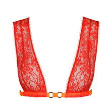Load image into Gallery viewer, Red lace garter belt with orange waistband on a white background