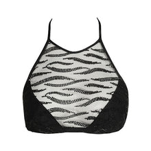 Load image into Gallery viewer, This is a stylish non-wire triangle halter bralette in a fine shimmering mesh. The back strap runs low for a plunge clear back view. This is Full Fashion from Sarda!
Fabric Content: Elastane:8%, Polyester:39%, Polyamide:53%