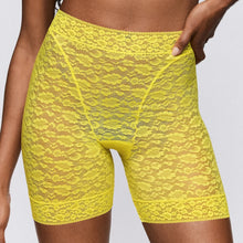 Load image into Gallery viewer, Yellow lace shorts on a plain background