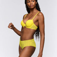 Load image into Gallery viewer, Woman wearing a yellow lingerie set against a plain background